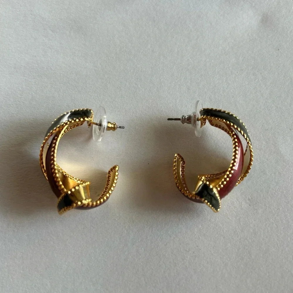 3/$20 Dark Red and Green Large Twisted Gold Plated Hoop Earrings